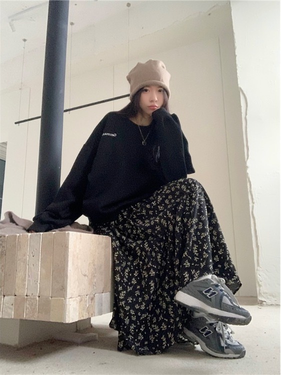 Midi Skirt Floral - 플러스 사이즈 여성용 하이 웨이스트 꽃무늬