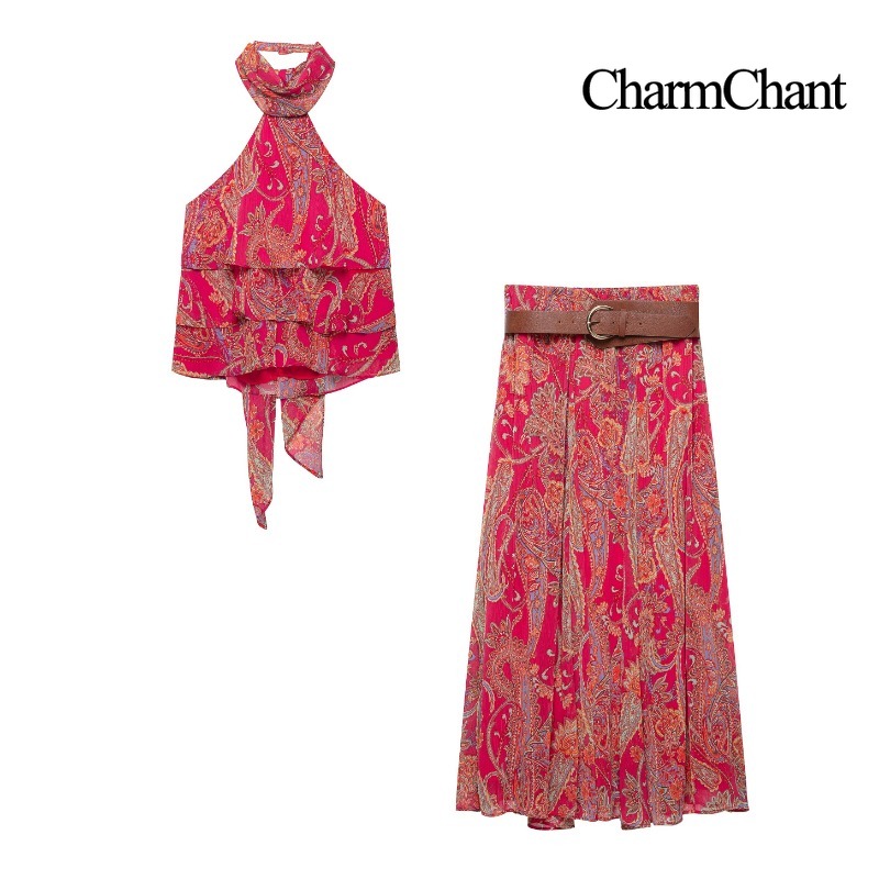 Romper Floral Print - CHARMCHANT 여성용 페이즐리 프린트 홀터넥 러플