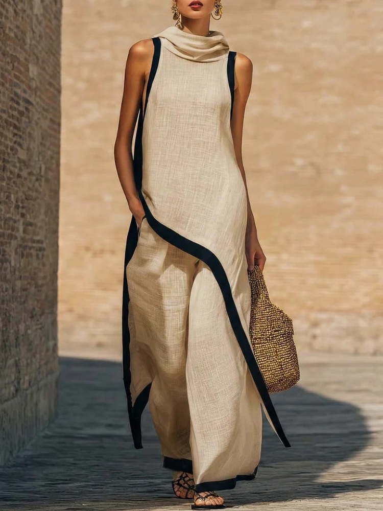 Linen Pant Wide - 여성용 린넨 배색 슬리브리스 비대칭 탑