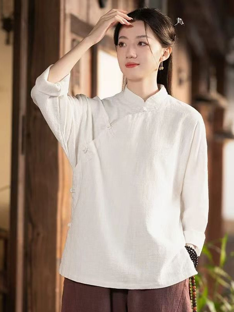 새로운 중국 스타일 루즈핏 긴팔 면마 셔츠 세트 여성용 - Linen Pant Wide 리뷰 및 가격