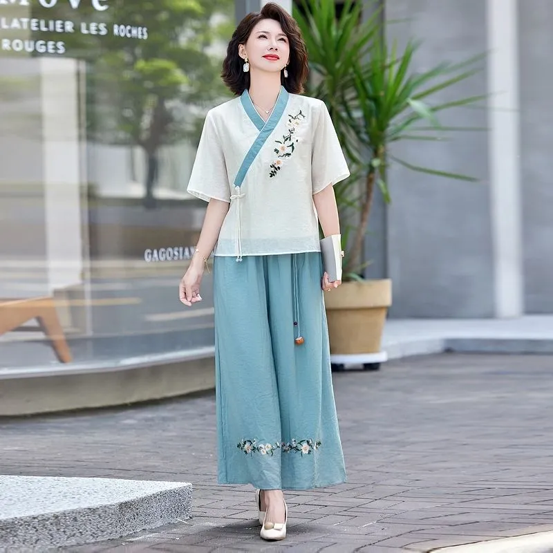 여성용 새로운 중국 스타일 린넨 투피스 세트 어머니들을 - Linen Pant Wide 리뷰 및 가격