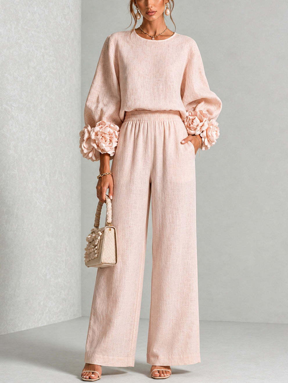 여성용 2피스 린넨 의상 O넥 3D 플라워 커프스 긴소 - Linen Pant Wide 리뷰 및 가격