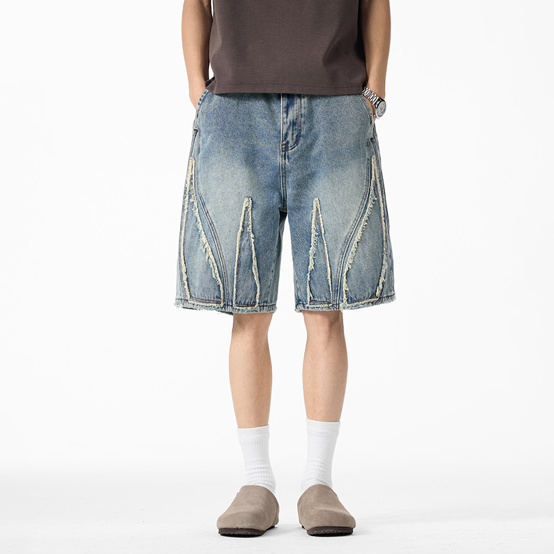 남성용 배기 데님 반바지, 로우 엣지 프레이드 심 패치 - Shorts Denim Frayed 리뷰 및 가격